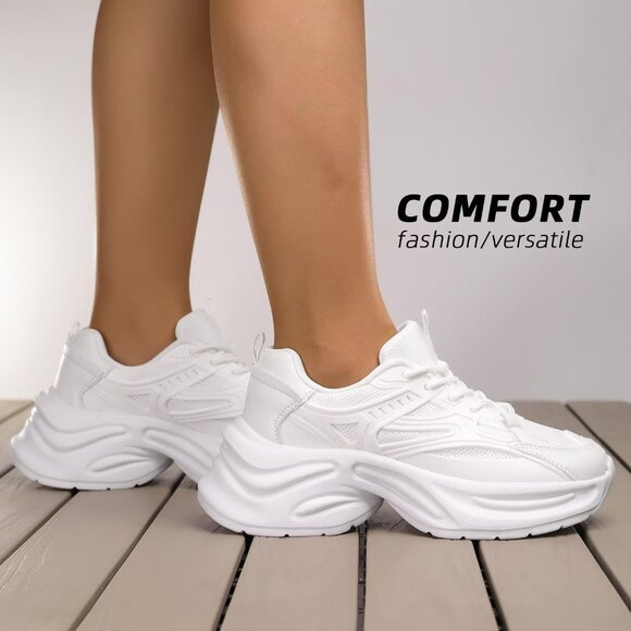 ⚡Women's White Fabric Chunky Comfortable Walking Running Sport Athletic Sneakers - Picture 2 of 7